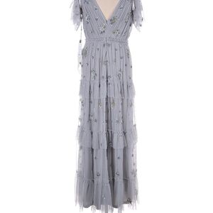 Mac Duggal Silver Embroidered Maxi Dress